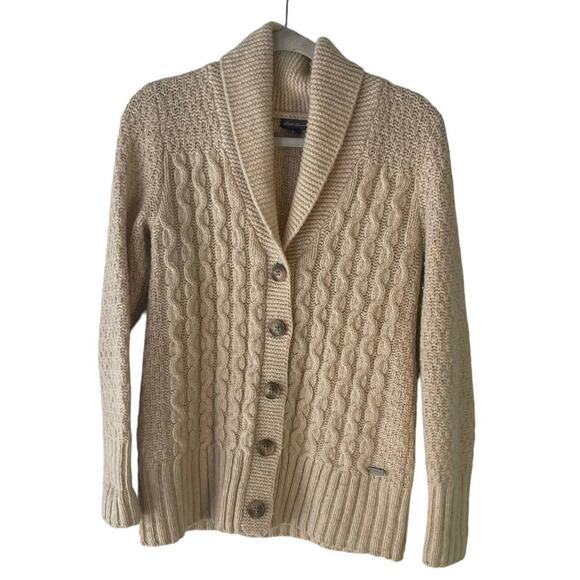 Eddie Bauer Small Lambs Wool Knit Button Up Fisherman Knit Cardigan Sweater Twee - Picture 1 of 8